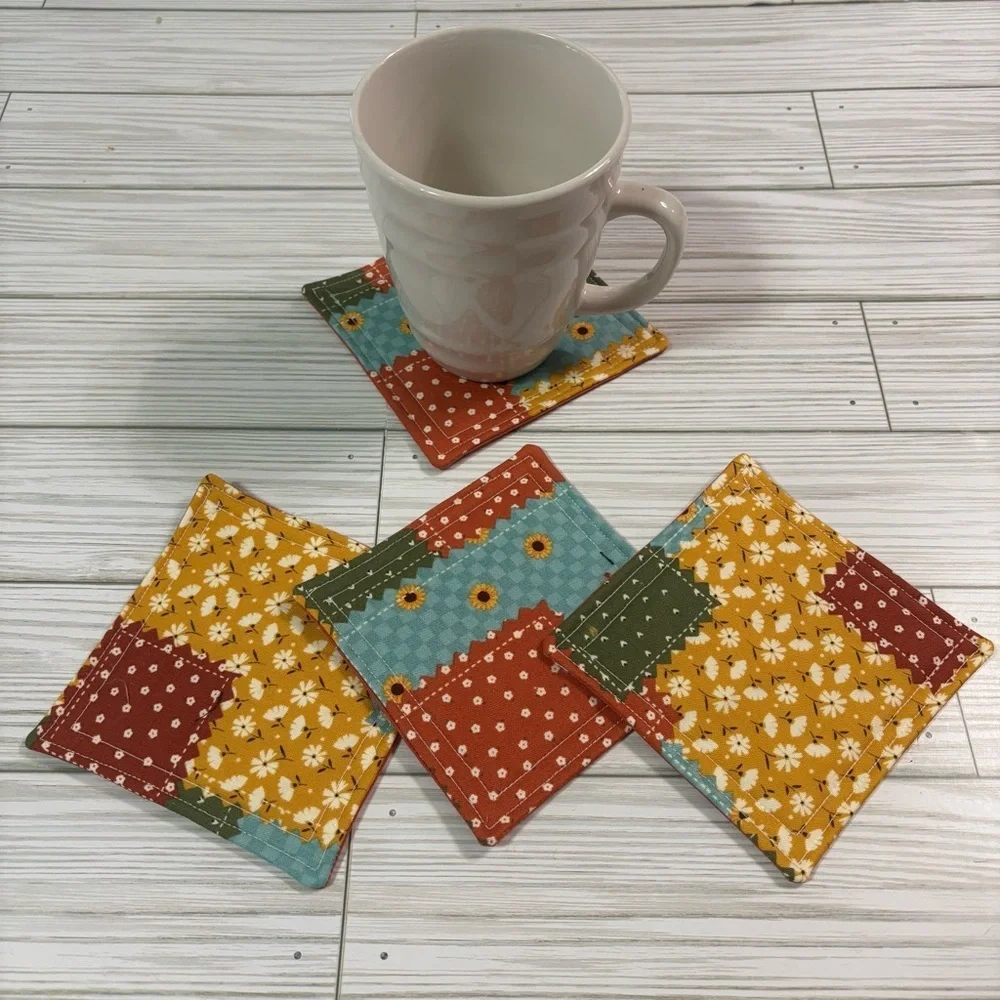 Handmade Fall Patchwork Reusable Washable Fabric Coaster Set